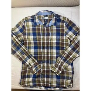 Toad&Co Mens Medium Insect Shield Linen Blend Plaid Button Down Shirt Blue Brown